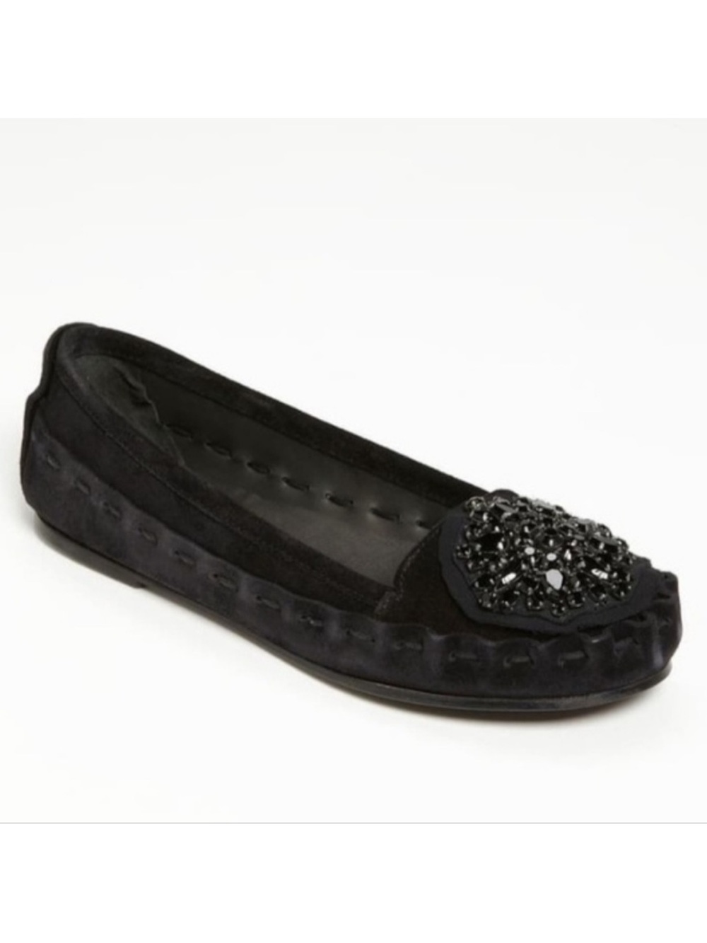 Vera Wang Lavender Label Embellished Black Suede Moccasin Flats 6.5 Edgy Casual - Picture 16 of 16